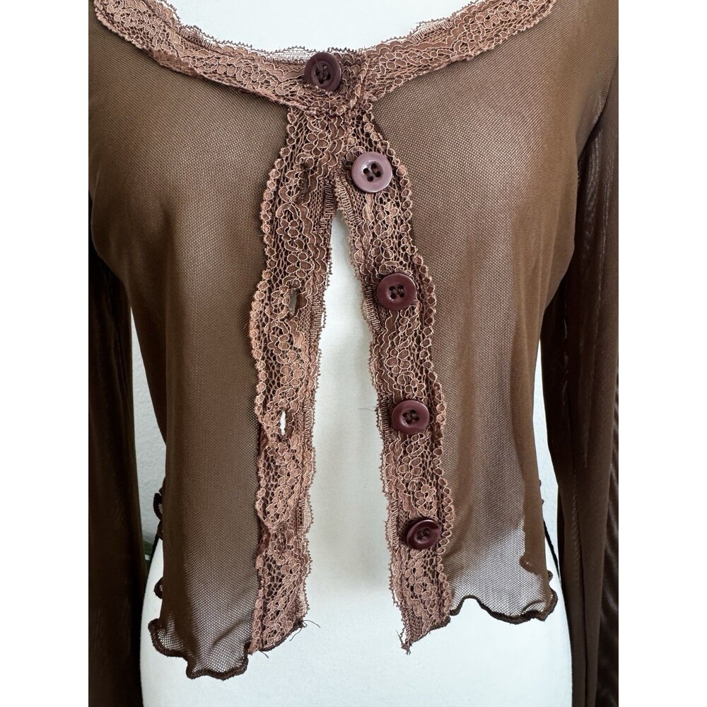 Y2K Brown Sheer Mesh Lace Trim Cropped Button Front Long Sleeve Top M Coquette - Picture 8 of 14